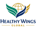 The logo for Healthy Wings Global, featuring green and navy blue wings flanking a gold globe, with the text 'HEALTHY WINGS GLOBAL' underneath on a white background.